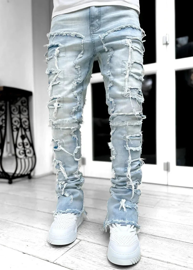 High Street Stacked Denim Full Length Pants Hip-pop Trousers For Men