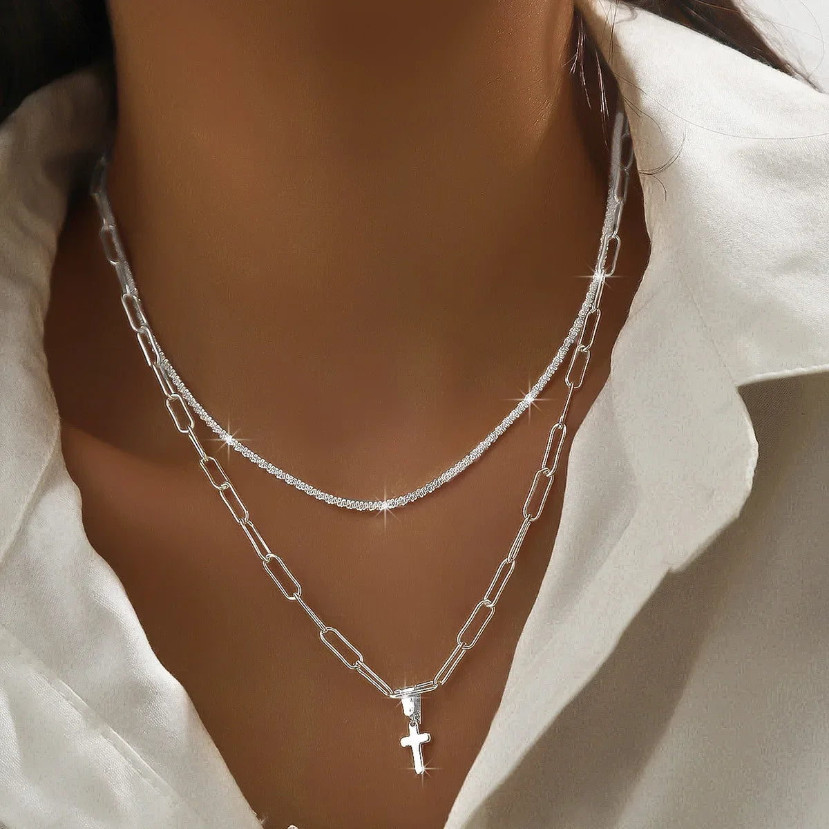 Classic Simple Shiny Double Layer Pendant Cross Pendant Necklace for Women