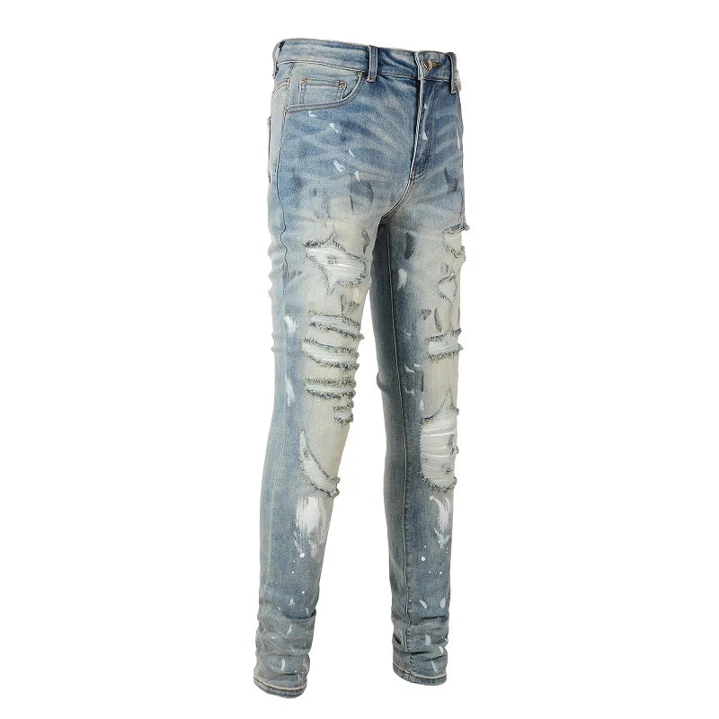 Denim Jeans Streetwear Distressed Painted Skinny Tapered Pants Vintage Trousers