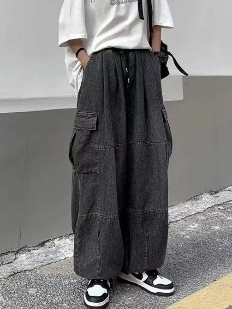 Street Men Baggy Jeans Men Wide Leg Pants Big Pockets Elastic Waist Streetwear