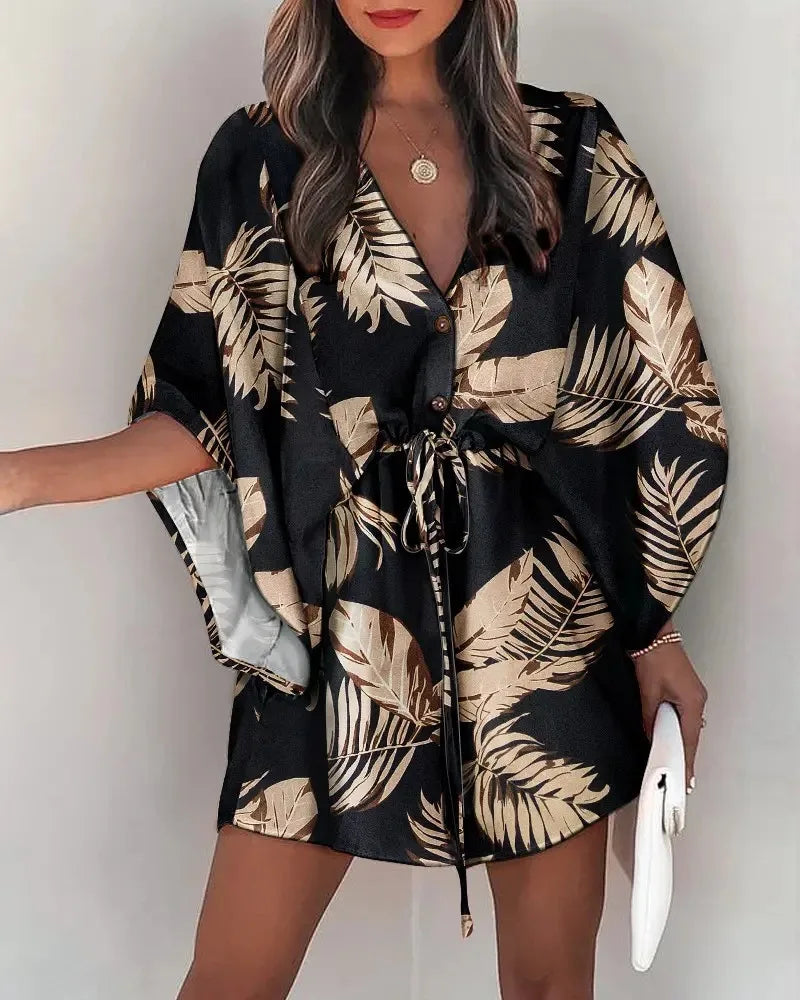 Summer Casual Dress Women Fashion Flying Sleeve V-neck Print Beach Party Dresses Elegant Lace Up Mini Dress Robe Femme