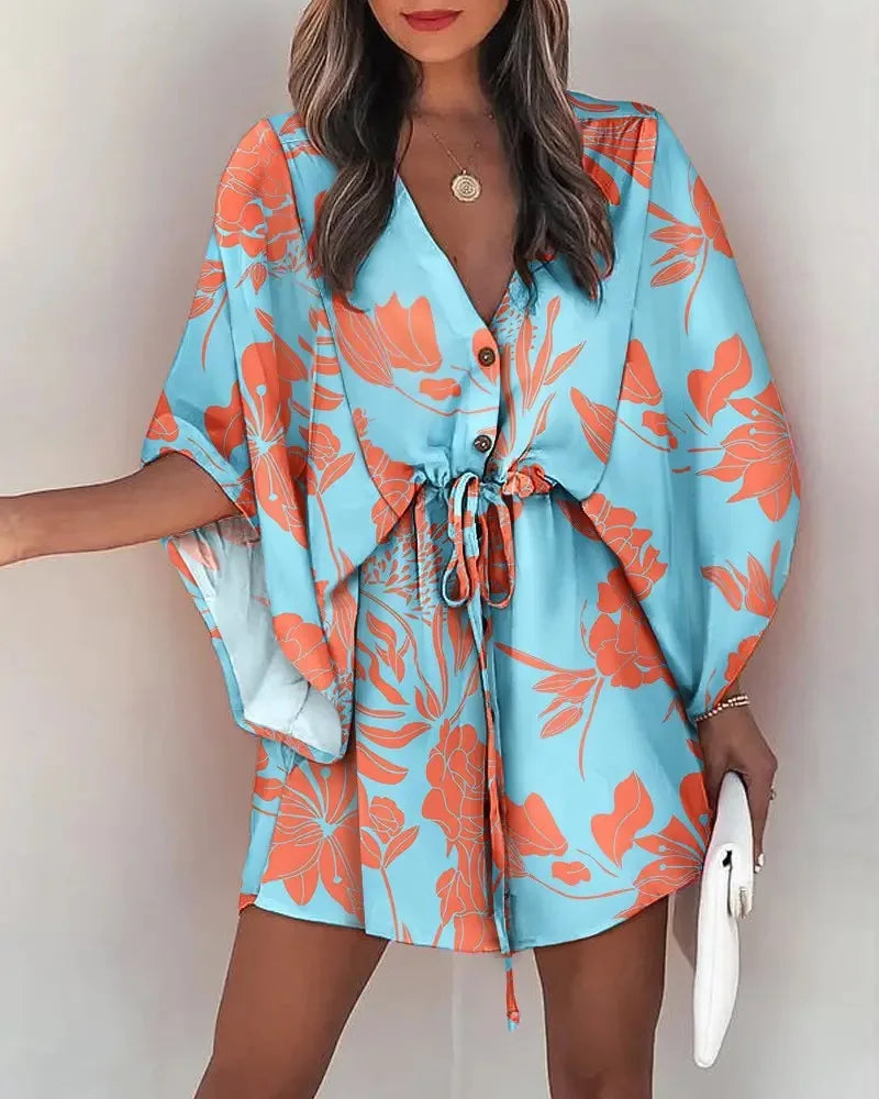 Summer Casual Dress Women Fashion Flying Sleeve V-neck Print Beach Party Dresses Elegant Lace Up Mini Dress Robe Femme
