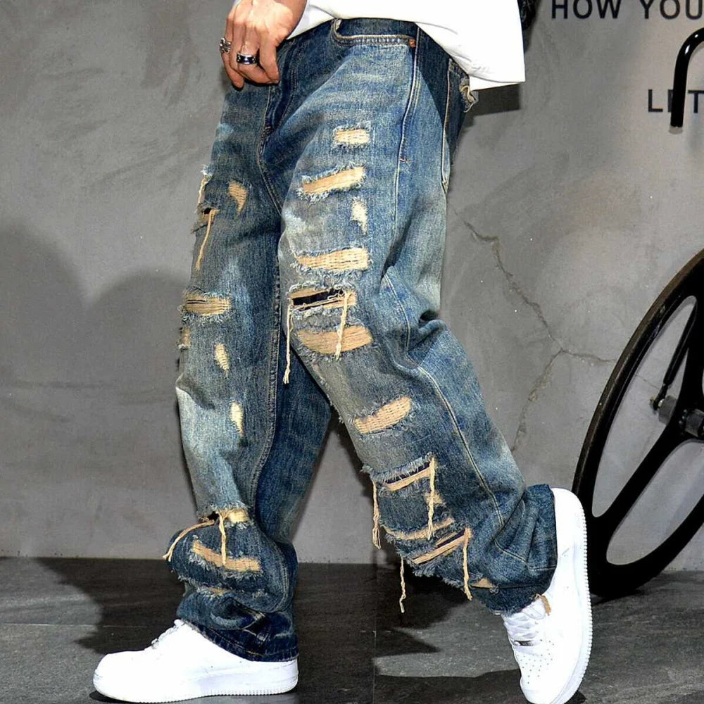 Denim Streetwear Skateboard Pants Straight Leg Patchwork Oversized Urban Fashion
