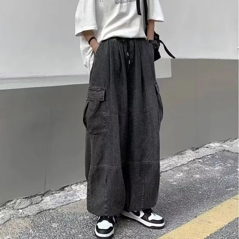 Street Men Baggy Jeans Men Wide Leg Pants Big Pockets Elastic Waist Streetwear