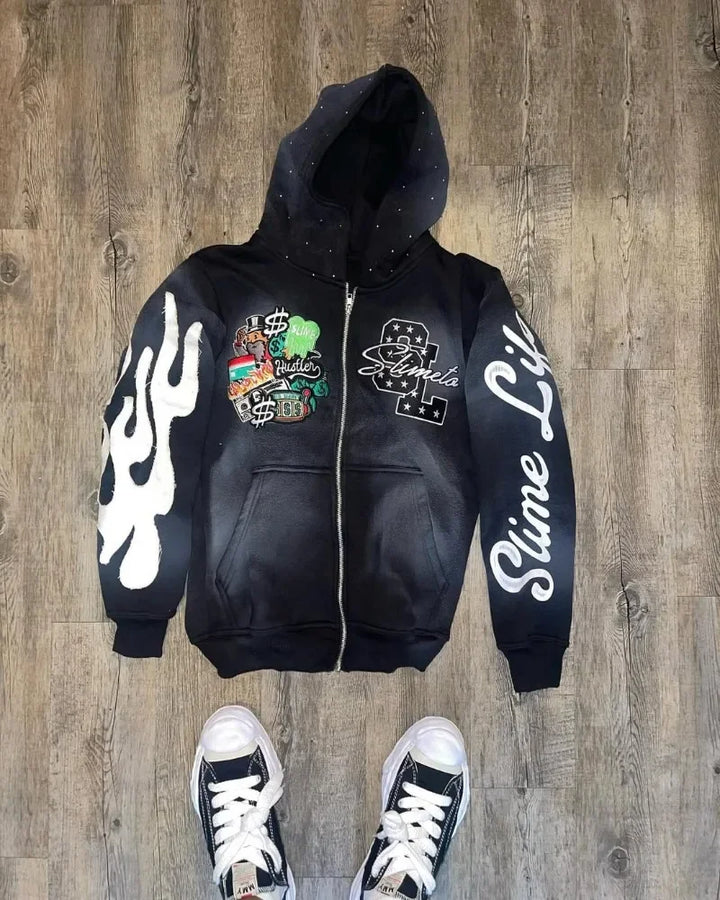 Oversized Zipper Hoodie Men Y2k Gothic Retro Letter Flame Embroidered Sweatshirt Jacket Men and Women