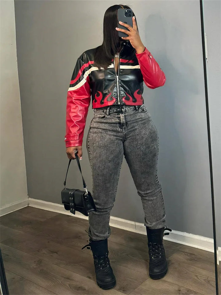 Street Leather Women's Jacket Red Turn Down Long Sleeve Pu Female Coats 2026 Vintage Zipper Outwears