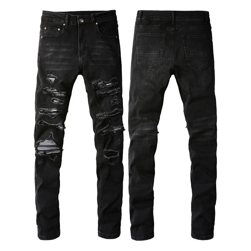 Latest Designer Street Fashion Men's Washed Black Jeans with Elastic Tight Fit