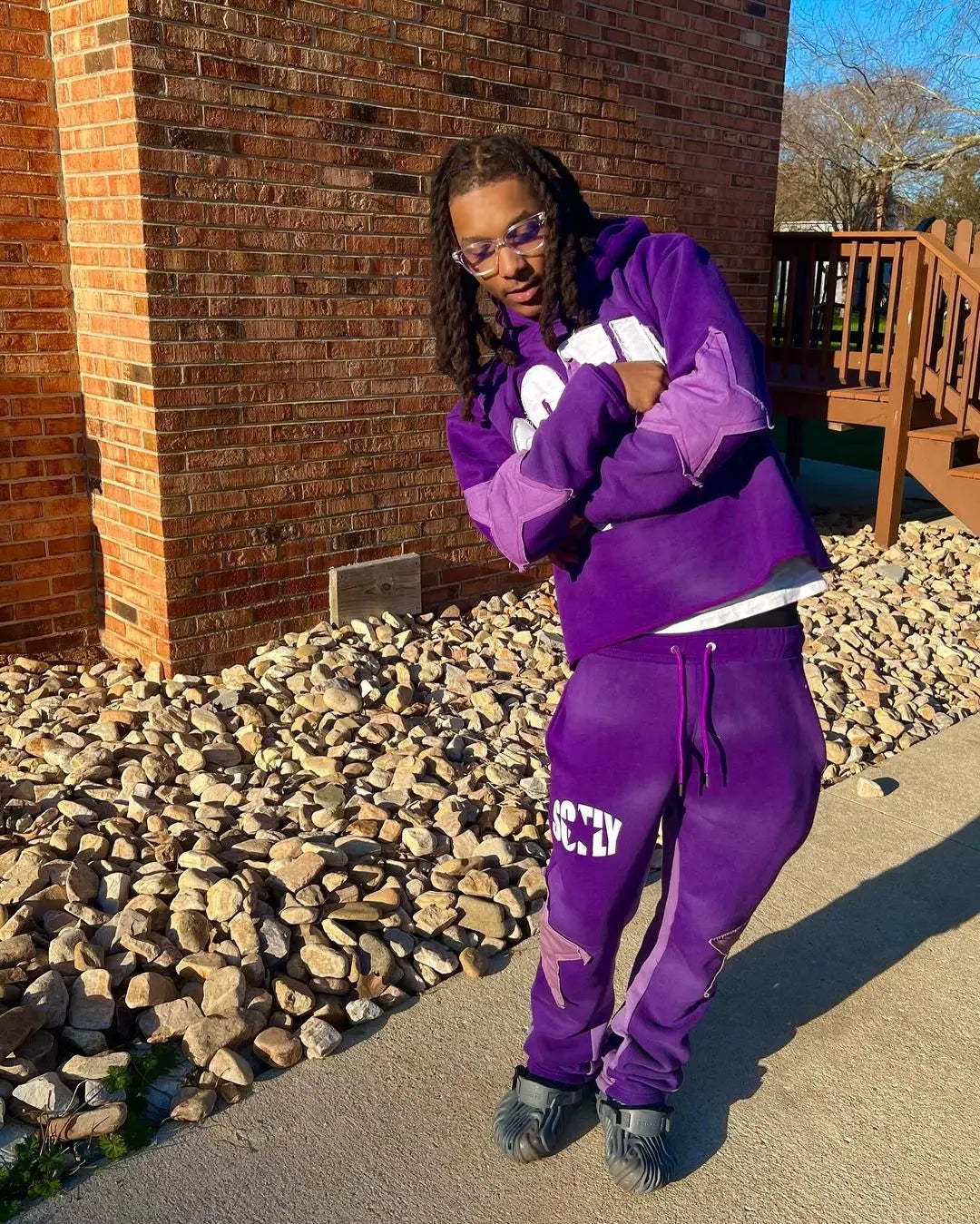 American Street Front and Back Patch Letter Print Suit Loose Hooded Sweater Straight Leg Sweatpants