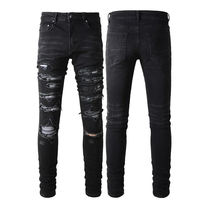 Latest Designer Street Fashion Men's Washed Black Jeans with Elastic Tight Fit