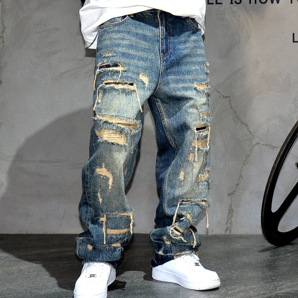 Denim Streetwear Skateboard Pants Straight Leg Patchwork Oversized Urban Fashion