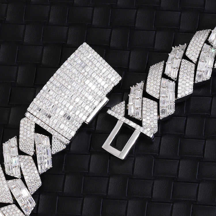 Classic 22mm Wide Baguette Diamond Bracelet S925 Silver Moissanite Jewelry Luxury Cuban Chain Hip Hop Necklace
