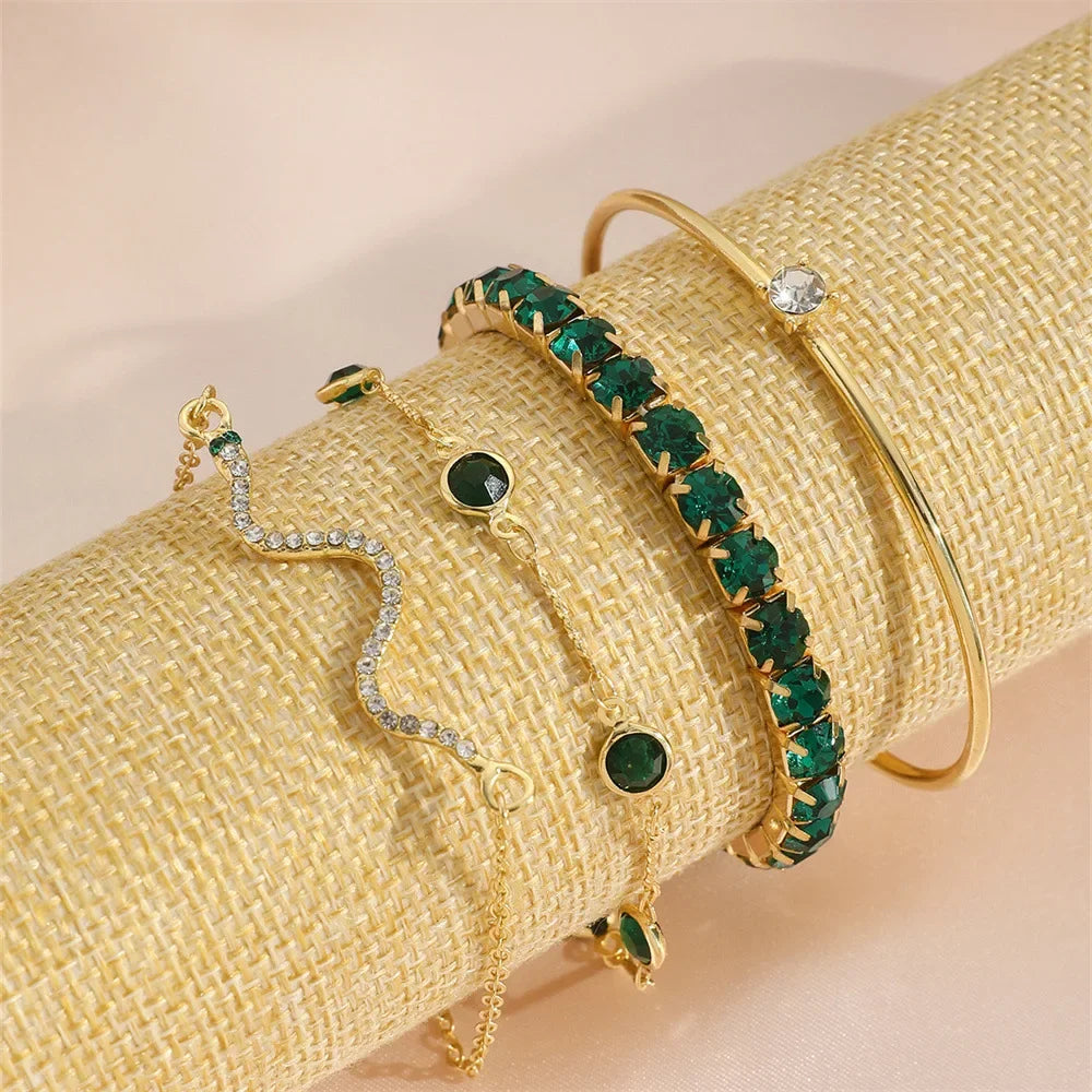 4Pcs/Set Fashion Snake Green Metal Bracelet For Women