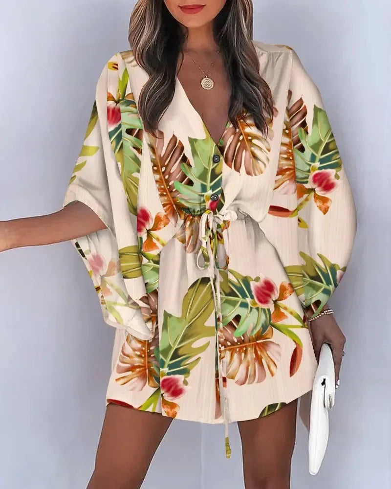 Summer Casual Dress Women Fashion Flying Sleeve V-neck Print Beach Party Dresses Elegant Lace Up Mini Dress Robe Femme
