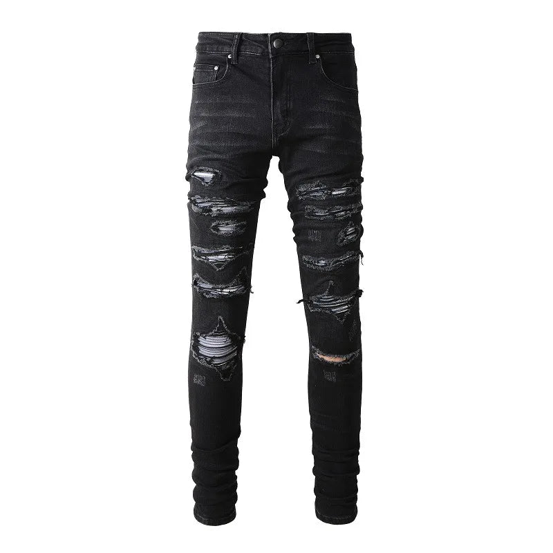 Latest Designer Street Fashion Men's Washed Black Jeans with Elastic Tight Fit