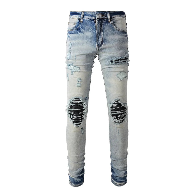 High Stretch Denim Pants Holes Ripped Distressed Trousers Skinny Jeans Men's