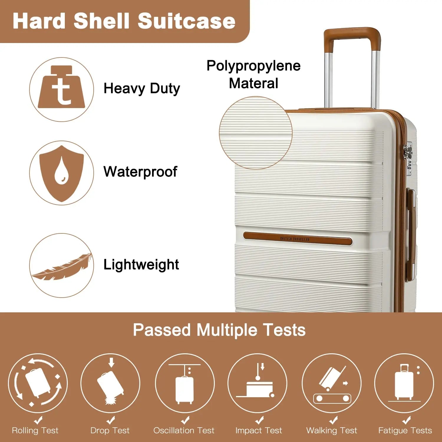 British Traveller Hard Case 100% PP Material hand luggage 8 Spinner Wheels TSA Lock Beige suitcase Trolley