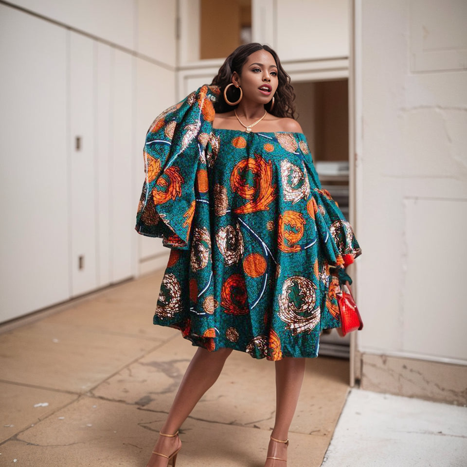 African Plus Size Women's Clothing Temperament Commute off-Shoulder Bell Sleeve Print Dress Africa Dress Skirt