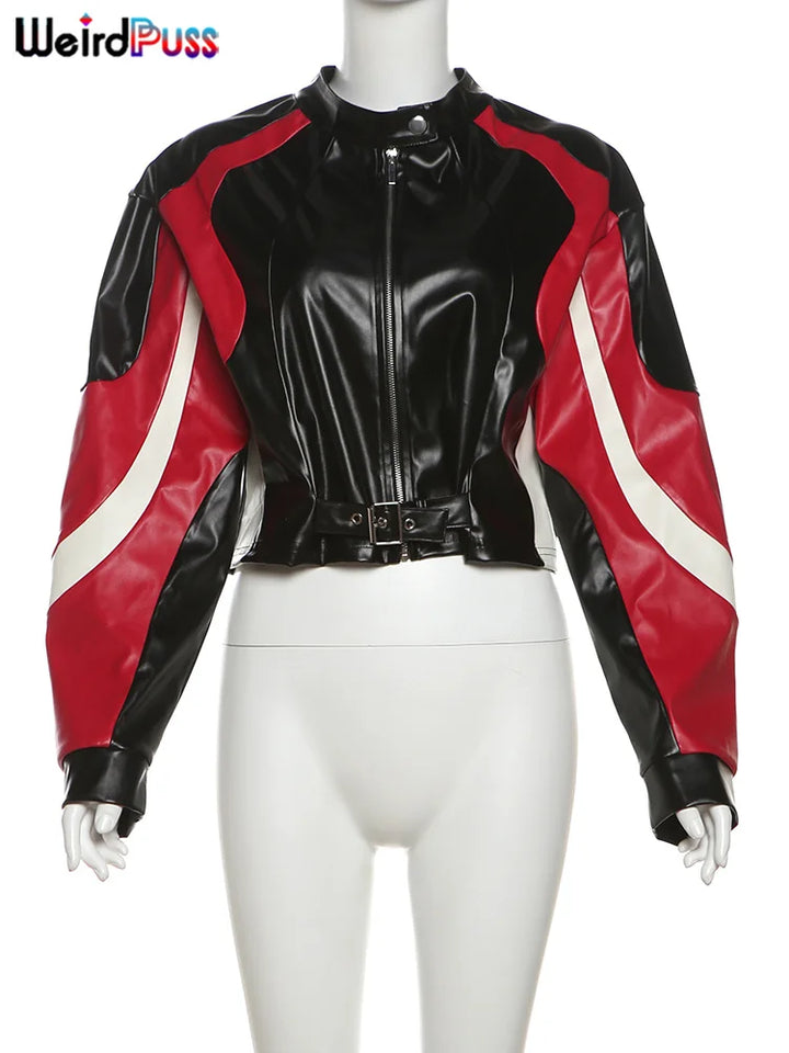 Leather Patchwork Cinched Waist Autumn Fashion Wild Street Hipster  Crop Coat