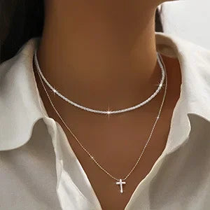 Classic Simple Shiny Double Layer Pendant Cross Pendant Necklace for Women