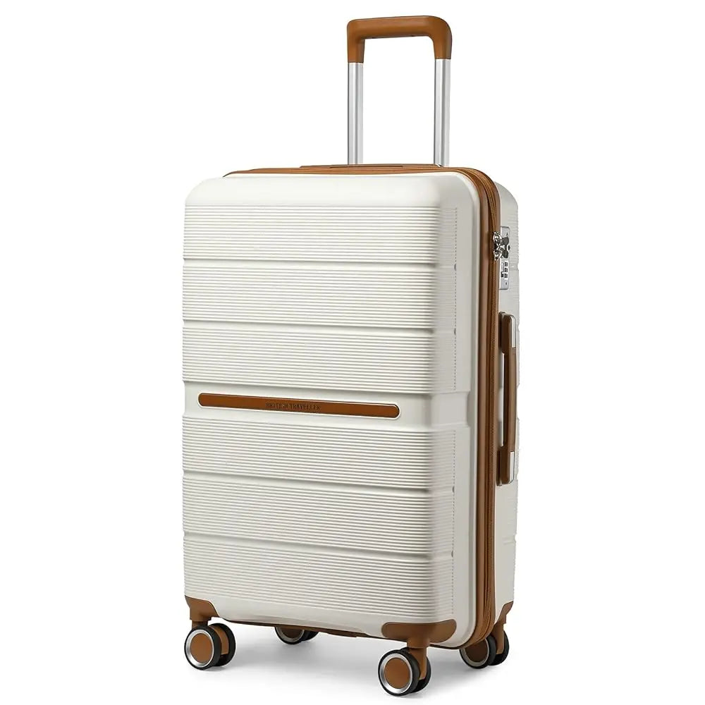 British Traveller Hard Case 100% PP Material hand luggage 8 Spinner Wheels TSA Lock Beige suitcase Trolley