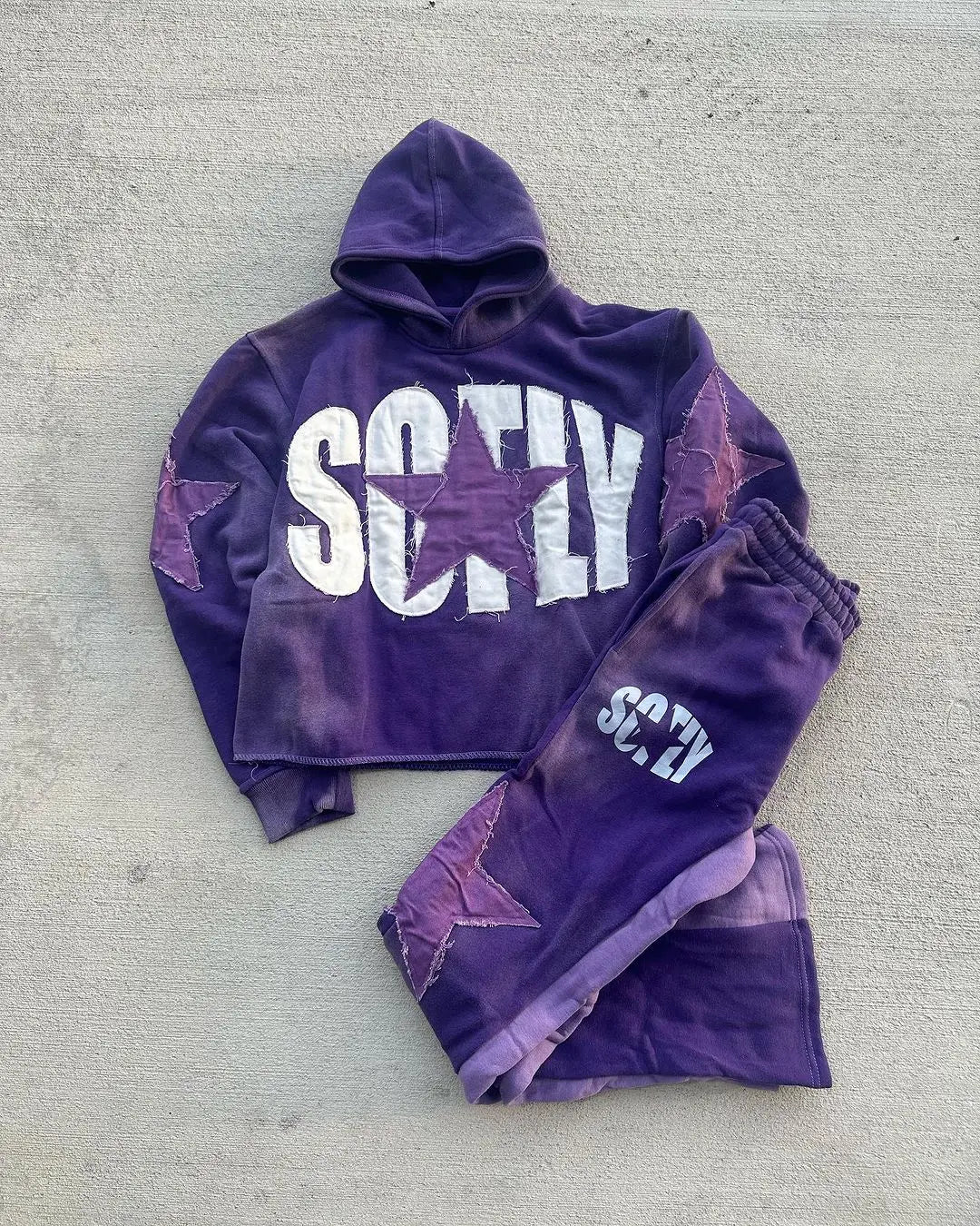 American Street Front and Back Patch Letter Print Suit Loose Hooded Sweater Straight Leg Sweatpants