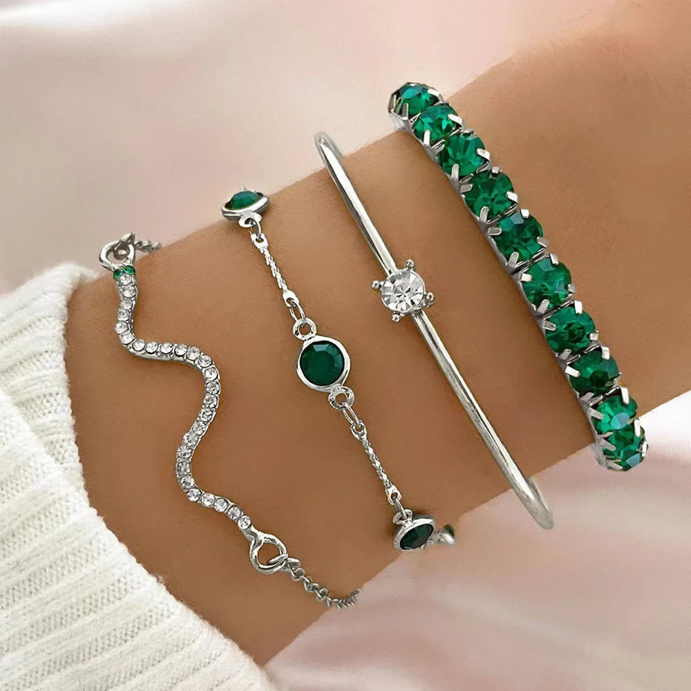 4Pcs/Set Fashion Snake Green Metal Bracelet For Women