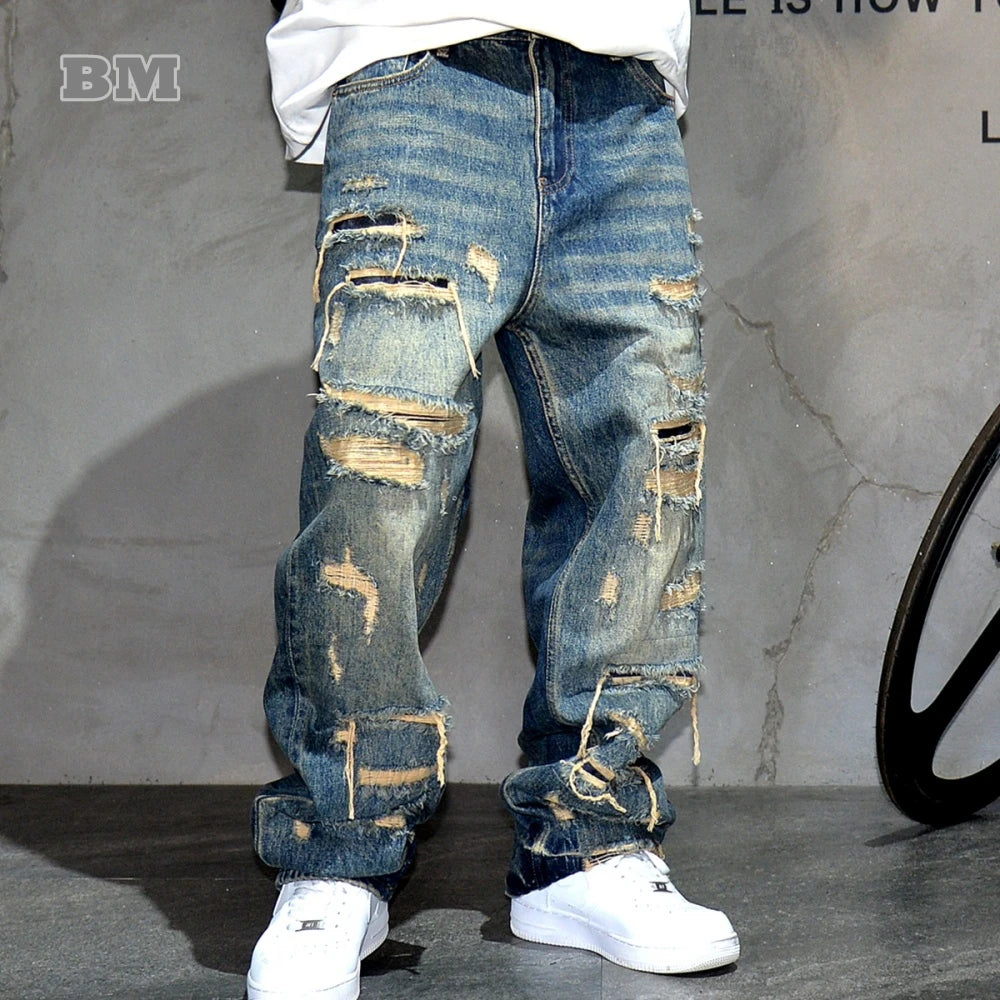 Denim Streetwear Skateboard Pants Straight Leg Patchwork Oversized Urban Fashion