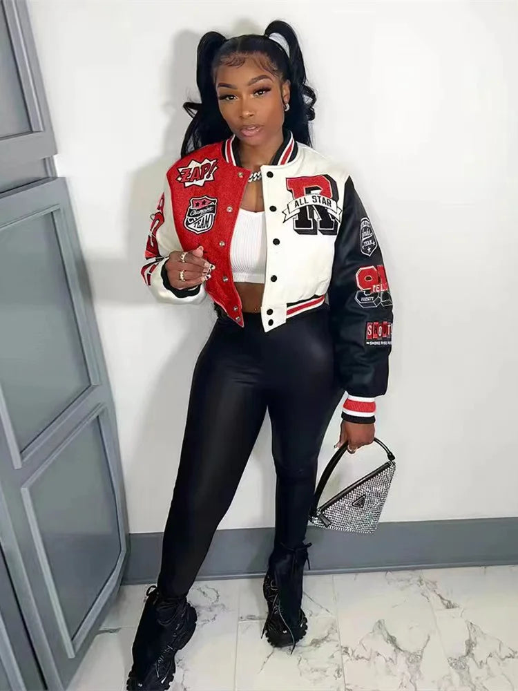 Women Coat Cropped Top Jacket Patchwork Outerwear varsity jacket