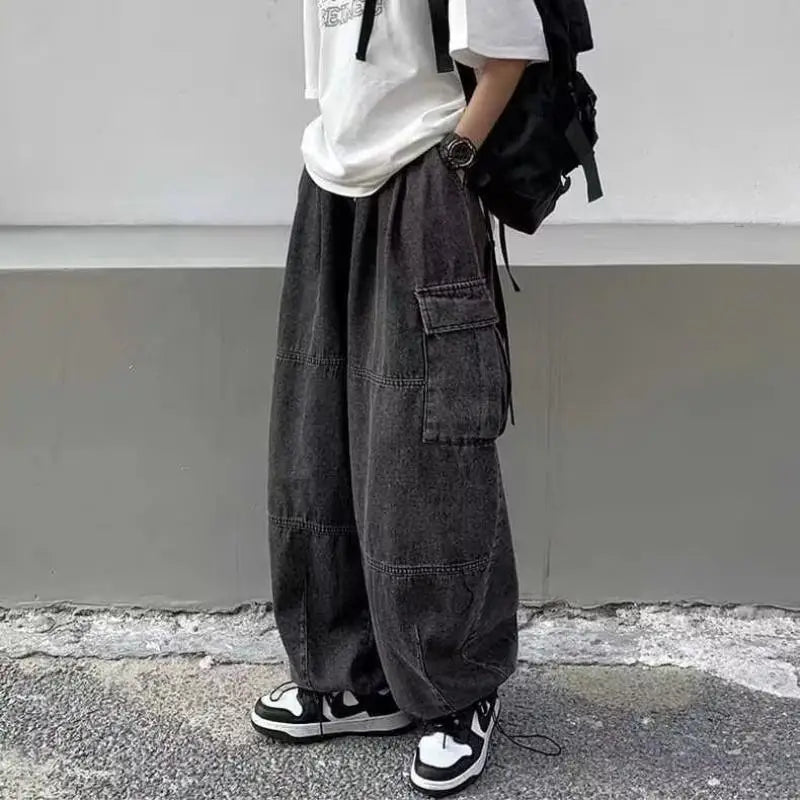 Street Men Baggy Jeans Men Wide Leg Pants Big Pockets Elastic Waist Streetwear