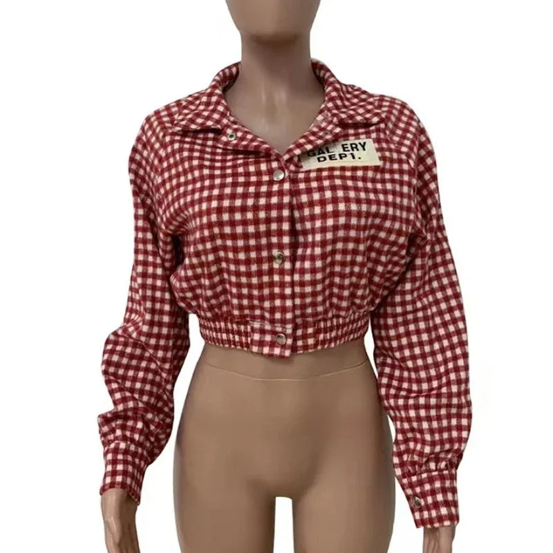 New Women's Plaid Jacket Fashion Loose Long Sleeve Single Tops Short Jacket Coats Shirts