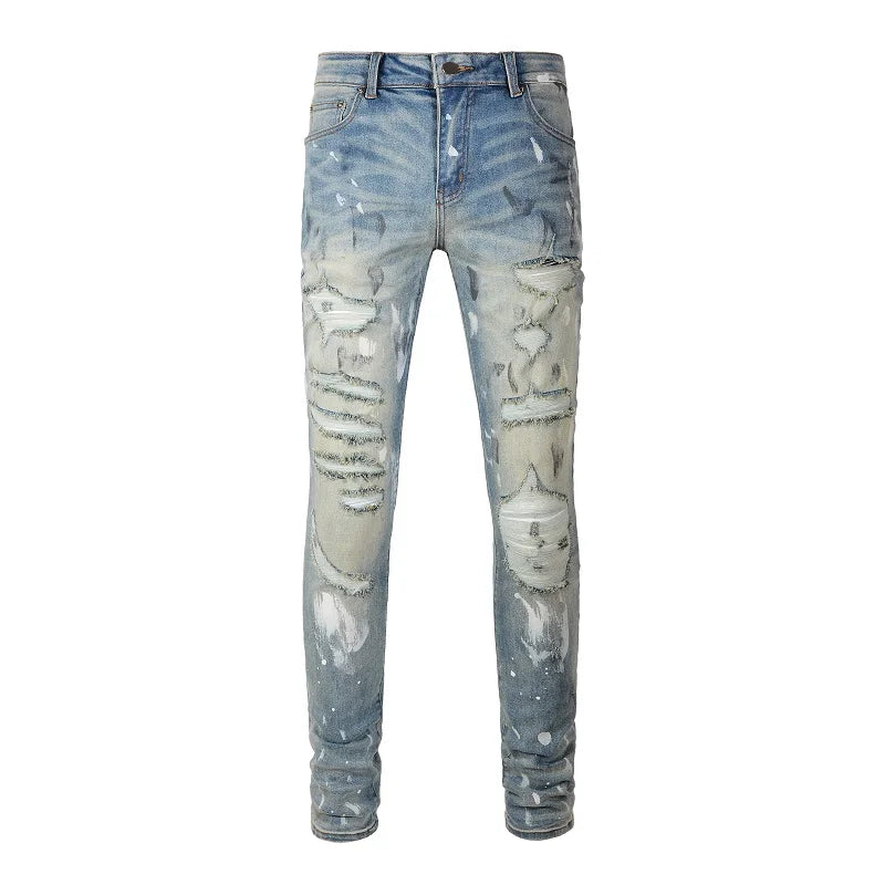 Denim Jeans Streetwear Distressed Painted Skinny Tapered Pants Vintage Trousers