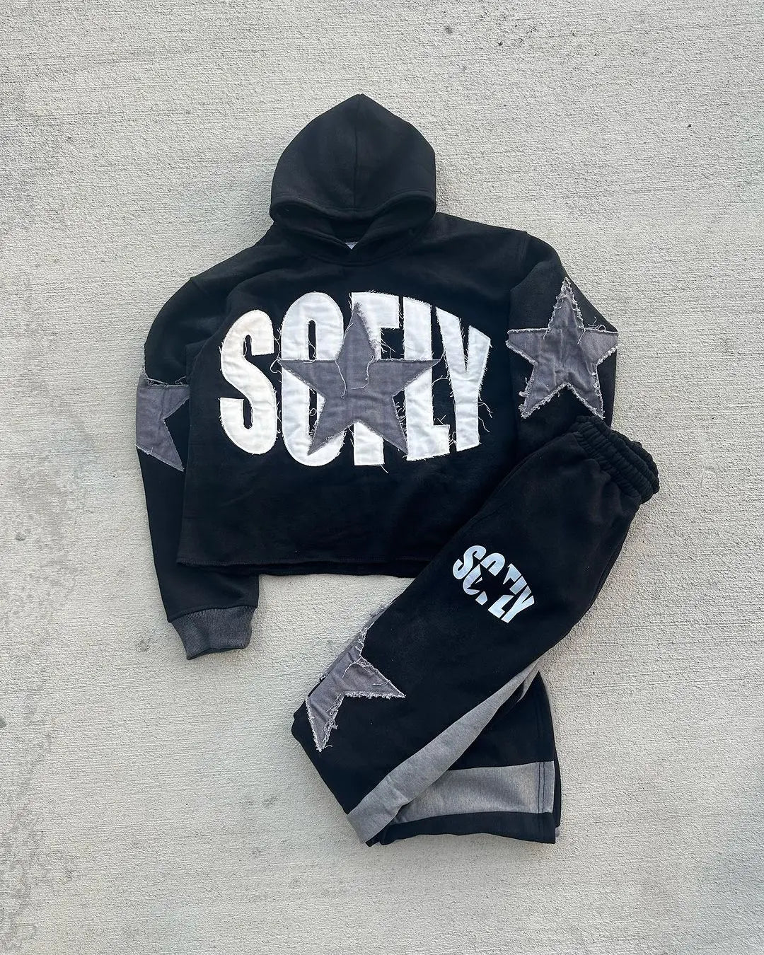 American Street Front and Back Patch Letter Print Suit Loose Hooded Sweater Straight Leg Sweatpants