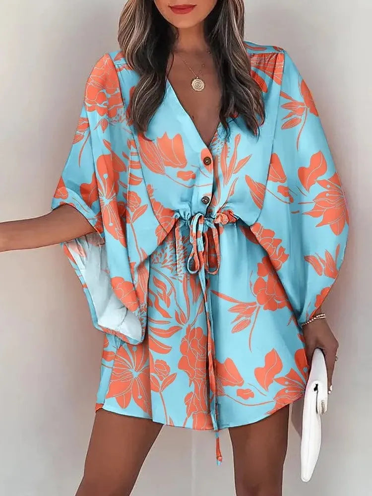 Summer Casual Dress Women Fashion Flying Sleeve V-neck Print Beach Party Dresses Elegant Lace Up Mini Dress Robe Femme
