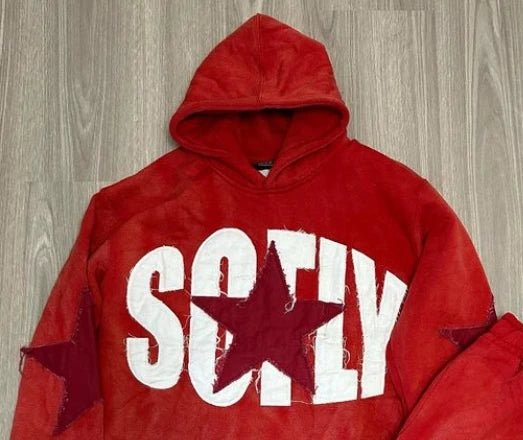 American Street Front and Back Patch Letter Print Suit Loose Hooded Sweater Straight Leg Sweatpants